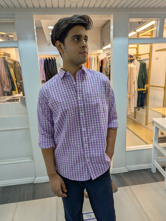 Purple and white check full sleeve shirt.