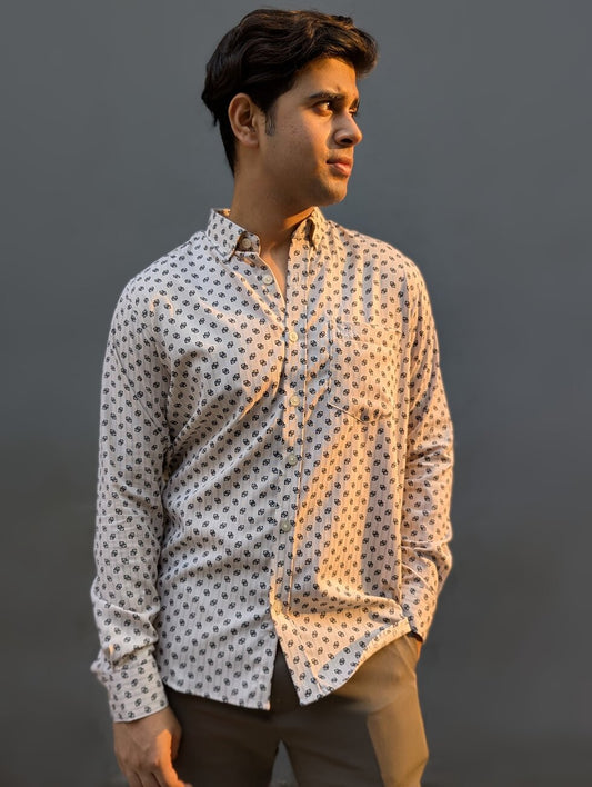 Cream Color Cotton Printed Full Sleeve Shirt