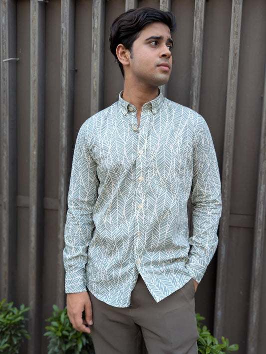 Green Printed Cotton Full Sleeve Shirt