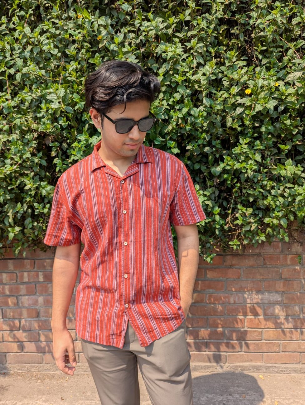 Orange  Fancy Cotton Striped Half Sleeve Shirt