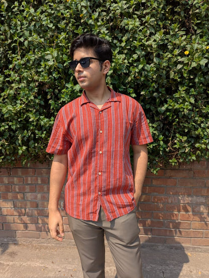 Orange  Fancy Cotton Striped Half Sleeve Shirt