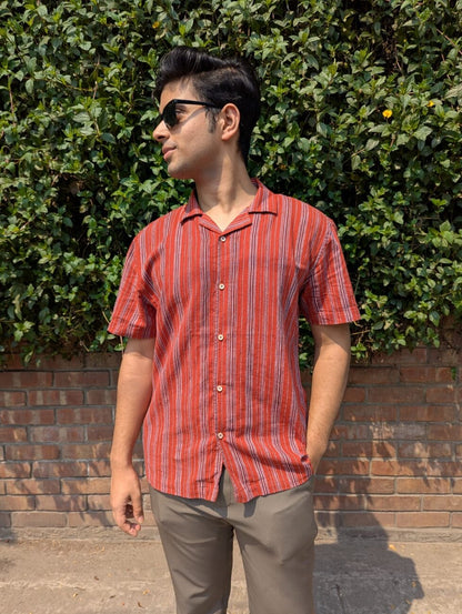 Orange  Fancy Cotton Striped Half Sleeve Shirt