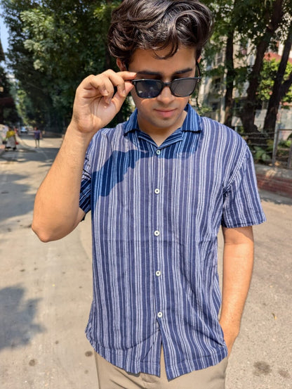 Navy Blue Fancy Cotton Half Sleeve Shirt