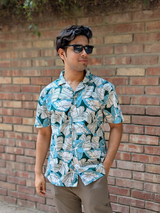 Pastel Color Leaf Printed Cotton Half Sleeve Shirt