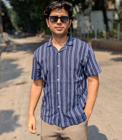 Navy Blue Fancy Cotton Half Sleeve Shirt
