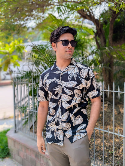 Black Printed Linen Half sleeve shirt
