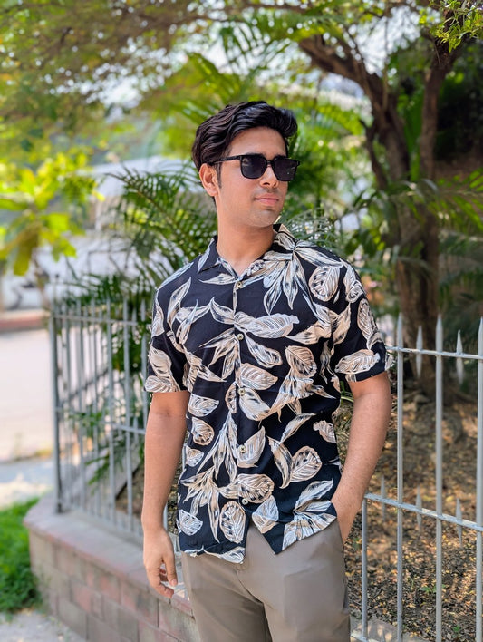 Black Printed Linen Half sleeve shirt