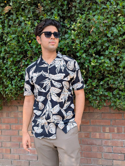 Black Printed Linen Half sleeve shirt