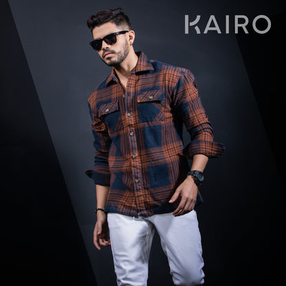 Double Pocket Blue and Brown Check Cotton Shacket Jacket