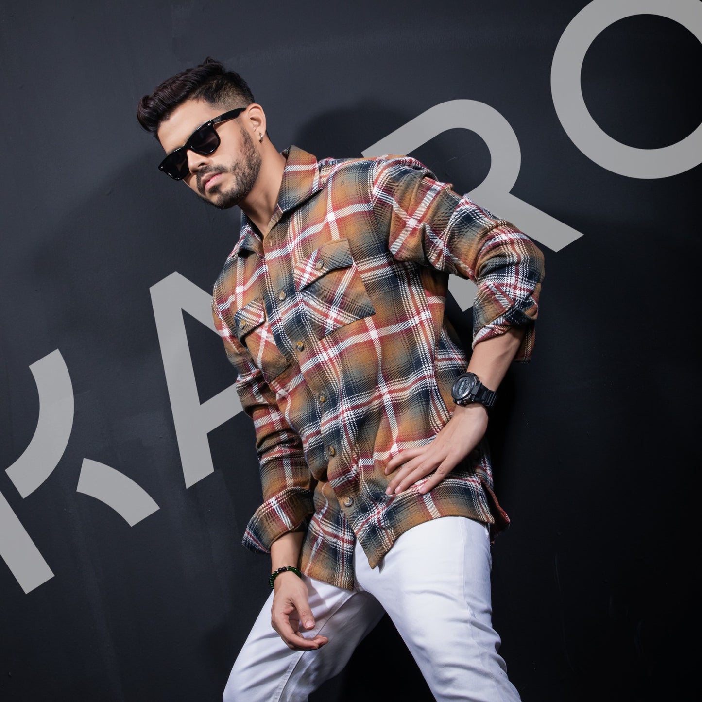 Double Pocket Beige Colorful Check Cotton Shacket Jacket