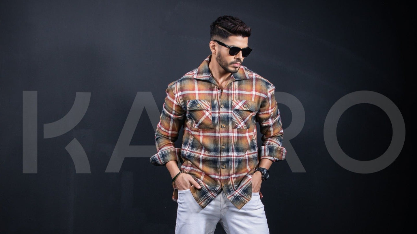 Double Pocket Beige Colorful Check Cotton Shacket Jacket