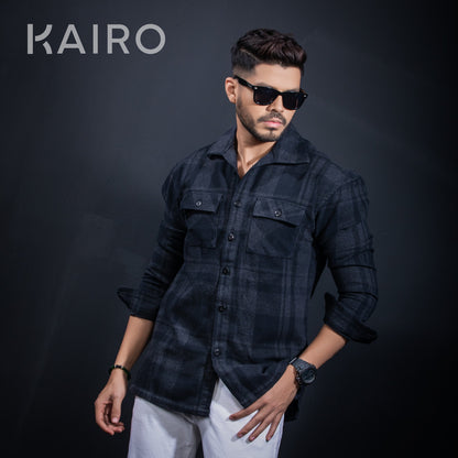 Double pocket Black Check Cotton Shacket Jacket